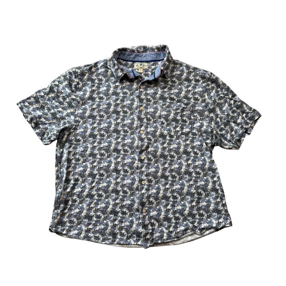 TRUE GRIT Men's button up knit shirt, size XXL; Blue Palm Tree Print; NWOT